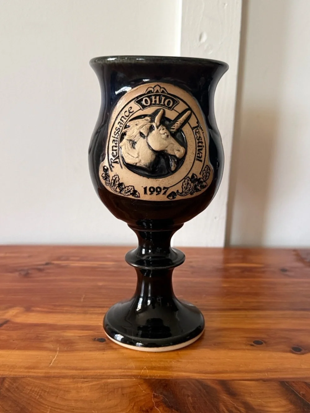 Ohio Renaissance Festival 1997 Unicorn Emblem Stoneware Glazed Pottery Goblet
